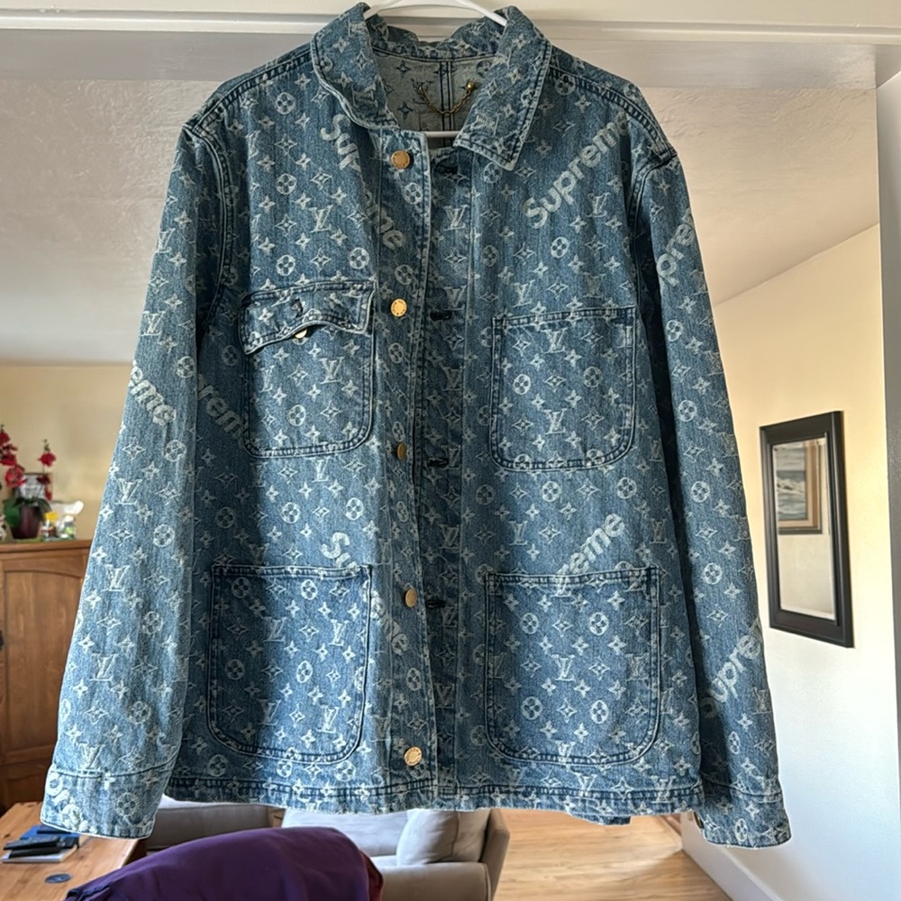 Louis Vuitton Supreme Mens Monogram Barn Chore Jean Jacket 50 US XL Blue Denim